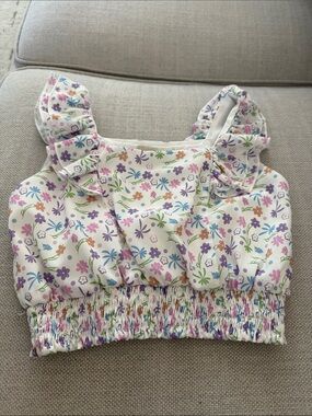 Girls Floral Smocked Crop Top - White with Multicolor Flowers